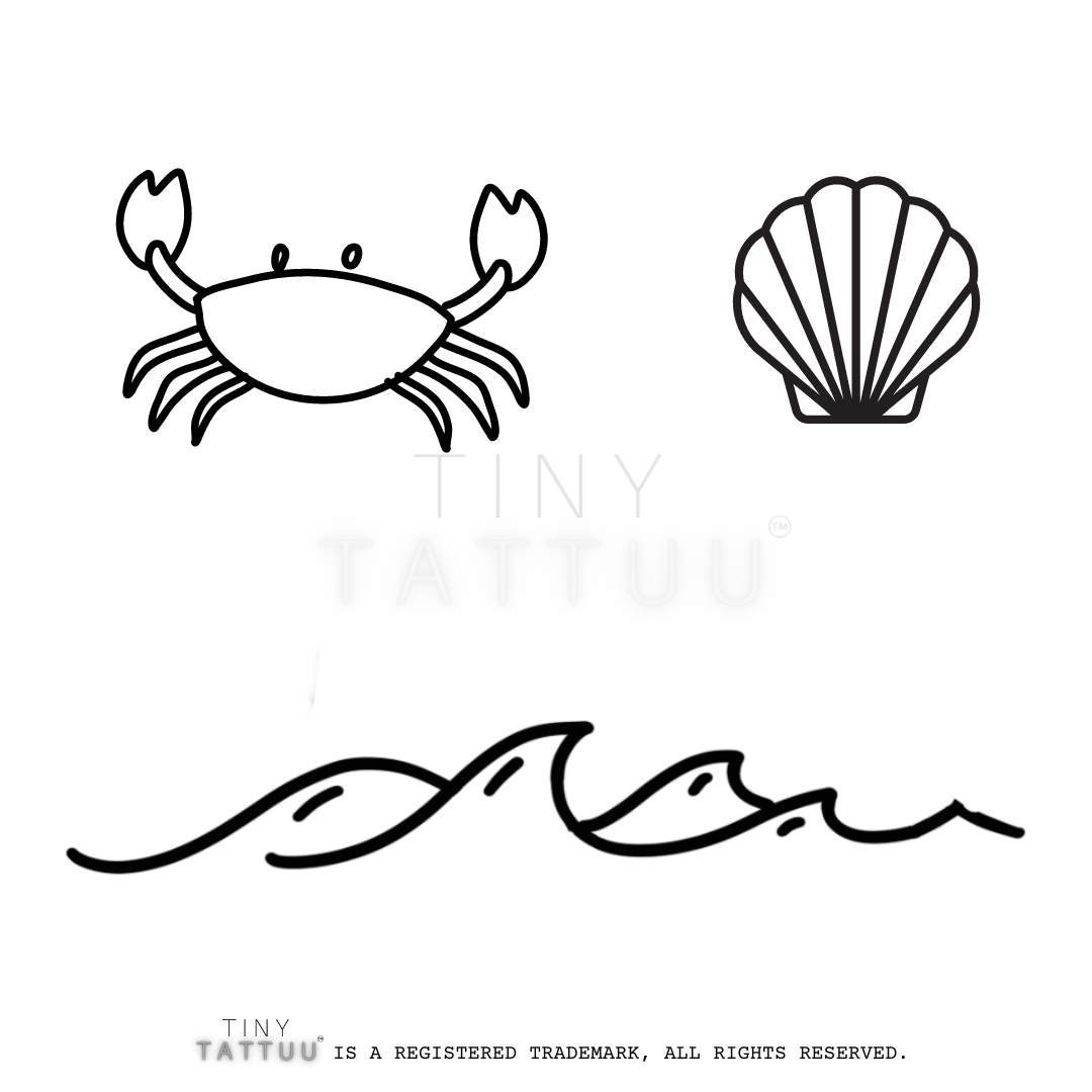 Black line art of a crab, shell, and wave with 'Tiny Tattuu' branding on a white background.