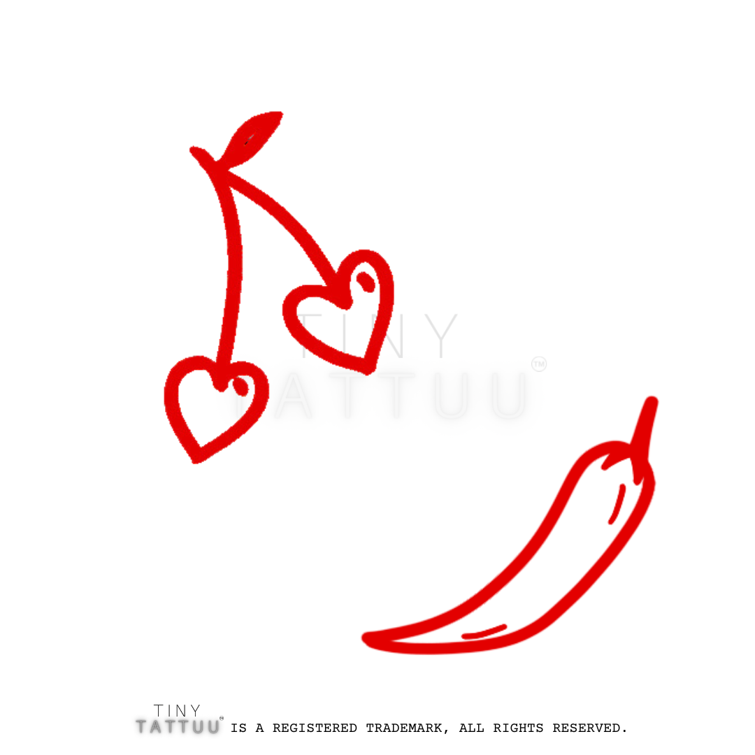 Red heart-shaped arrow and chili pepper design on a white background with 'Tiny Tattuu' branding.
