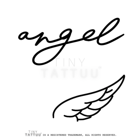 Black 'angel' text with a feather and 'Tiny Tattuu' branding on a white background