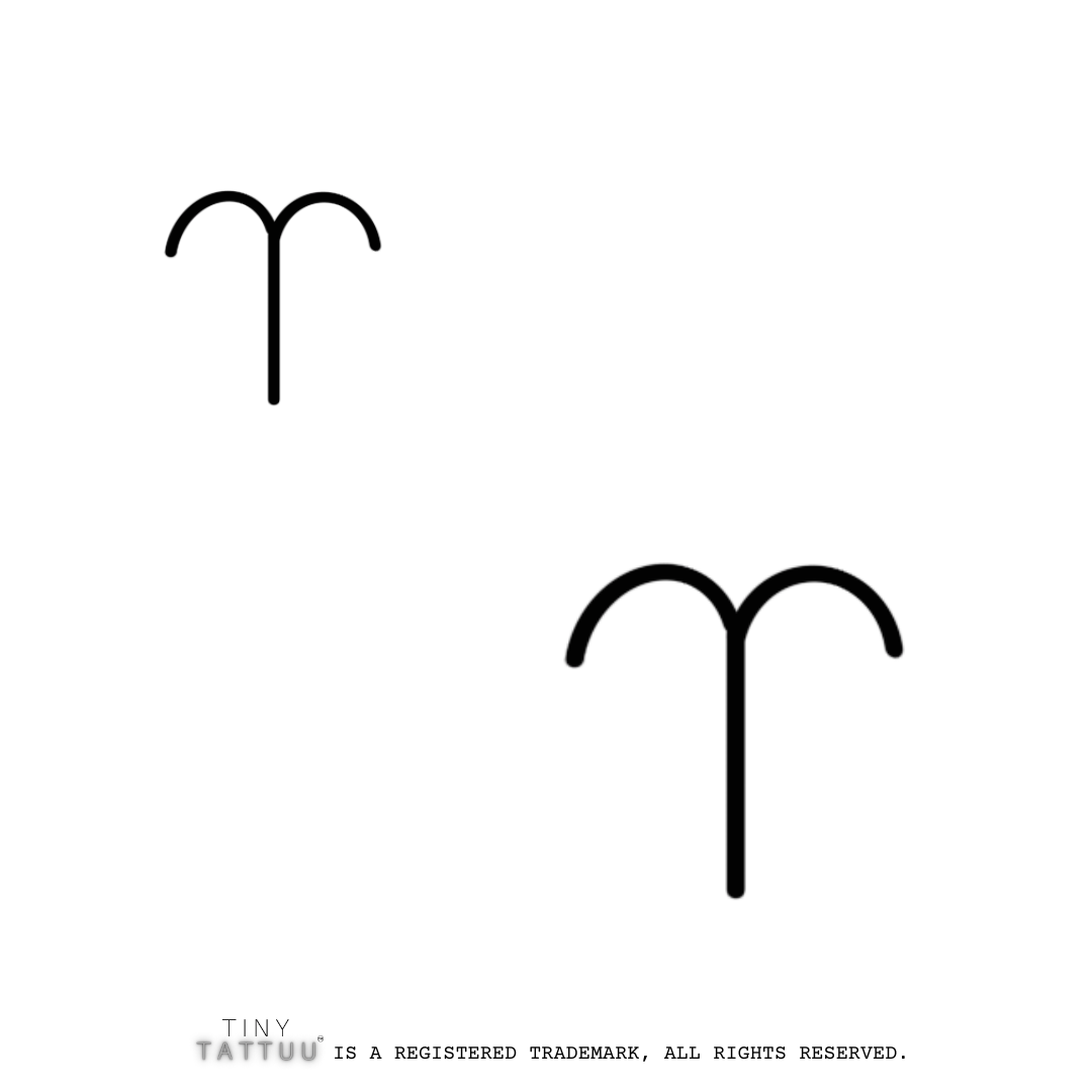 Black Aries astrological symbol on a white background with 'Tiny Tattuu' branding.