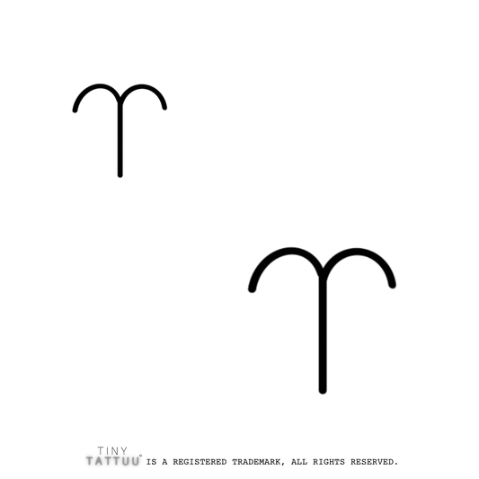 Black Aries astrological symbol on a white background with 'Tiny Tattuu' branding.