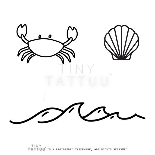Black line art of a crab, shell, and wave with 'Tiny Tattuu' branding on a white background.