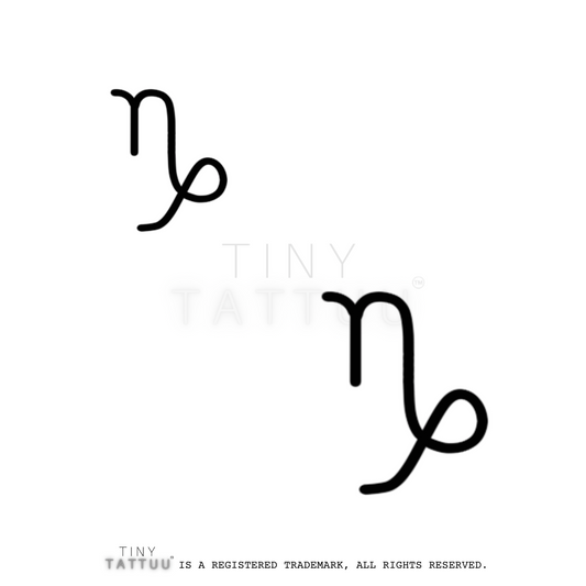 Two black zodiac symbol tattoos on a white background with 'Tiny Tattuu' branding.