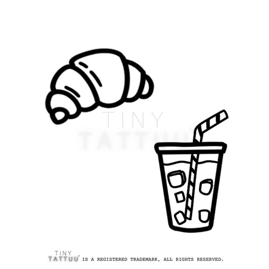 Outline of a croissant and a glass with a straw on a white background, featuring the brand 'Tiny Tattuu'.