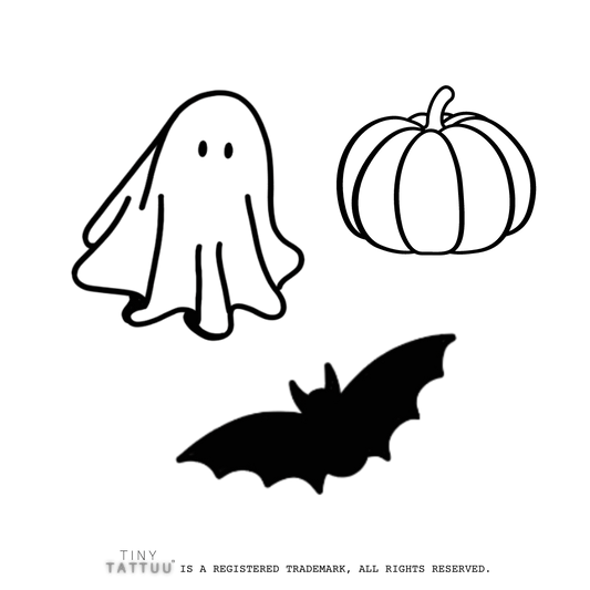 Halloween-themed design with ghost, pumpkin, and bat on a white background.