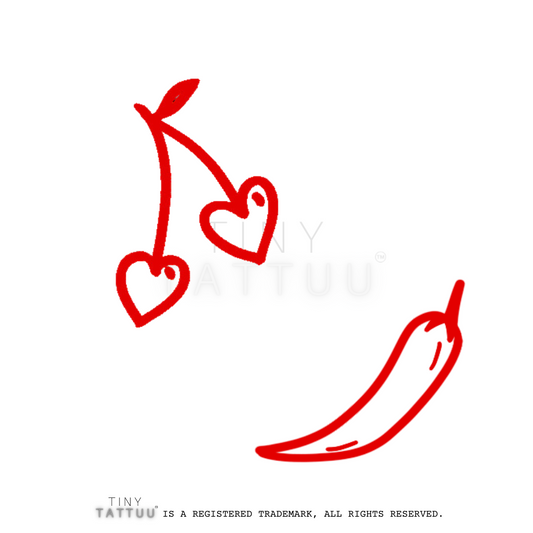 Red heart-shaped arrow and chili pepper design on a white background with 'Tiny Tattuu' branding.
