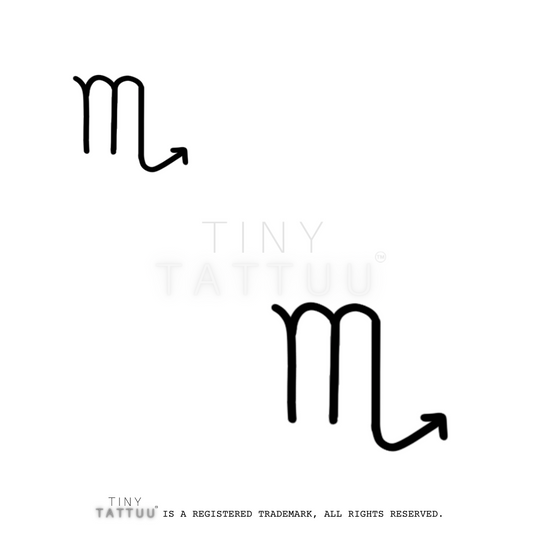 Zodiac sign symbol for Scorpio with 'Tiny Tattuu' branding on a white background.
