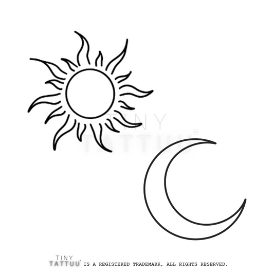 Black line art of a sun and moon on a white background with 'Tiny Tattuu' branding.