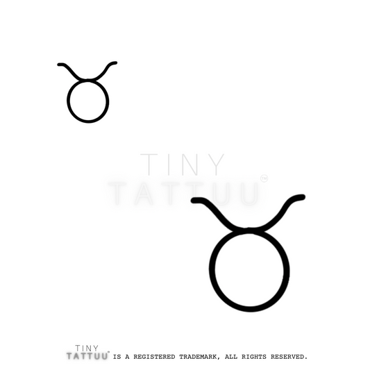 Black Taurus zodiac symbol on a white background with 'Tiny Tattuu' branding.